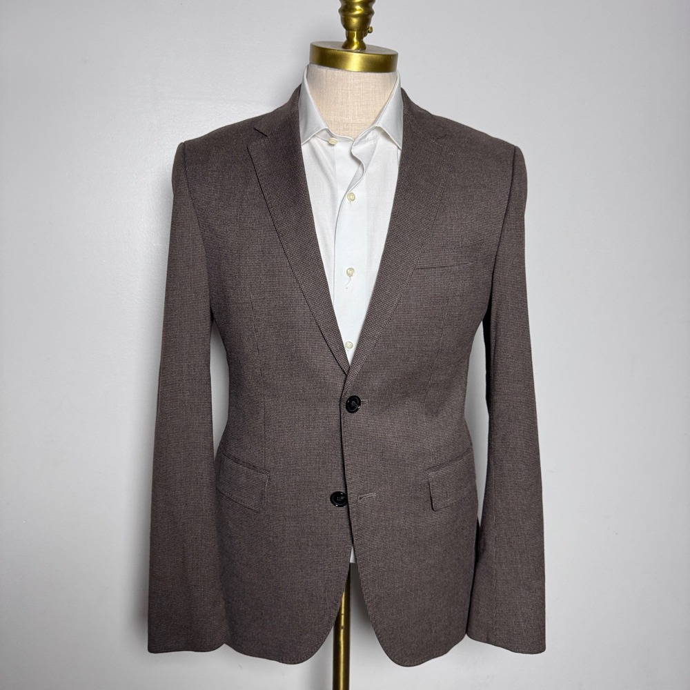 Hugo Boss Blazer Mens 38R Brown Micro-check Stretch Two-Button Sport Coat